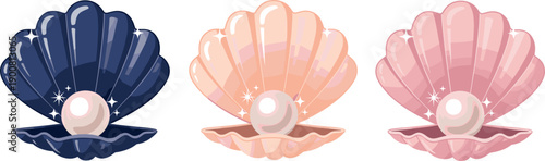 Set of beautiful open seashells with shiny pearls inside in different colors