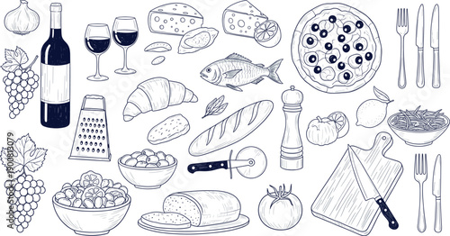 Hand drawn Mediterranean food set with wine pizza cheese bread and kitchen tools for rustic restaurant menu and bakery design vector.