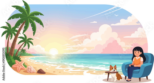 Woman and dog relax by the ocean at sunset