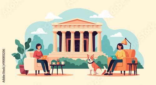 Two women work on laptops from home near a classical building and a dog