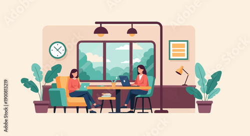 Two women work on laptops in a bright, modern room with plants and a large window