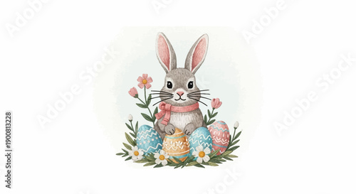 Watercolor bunny with decorated eggs and flowers, perfect for springtime celebrations