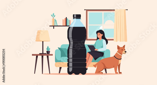 Woman and dog relax at home next to large beverage bottle