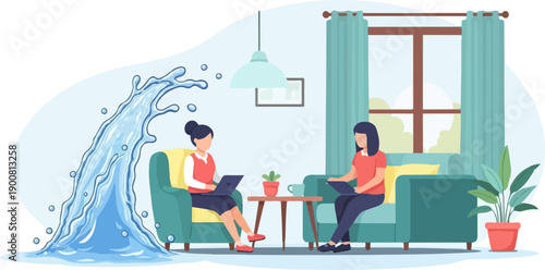 Two women work on laptops in a living room with a large water splash