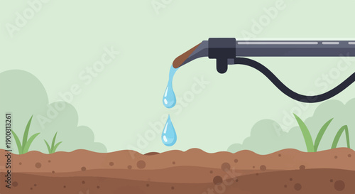 Water drips from irrigation nozzle onto soil with grass