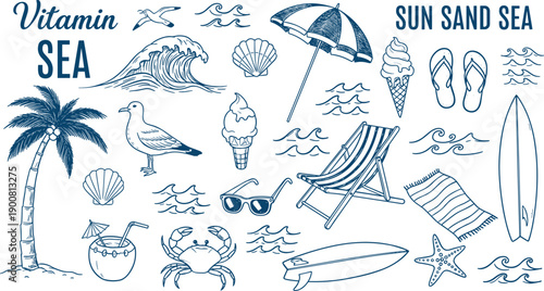 Hand drawn blue line art vector illustration of beach elements including palm trees, surfboard, crab, seashells, waves, and summer vacation icons.