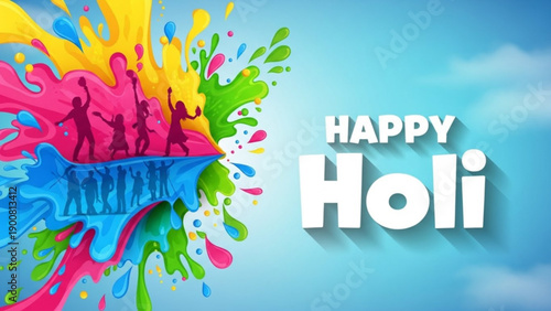 Vibrant holi celebration background with colorful splashes and silhouettes against a blue sky