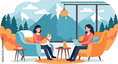 Two women in cozy armchairs with dog and laptop, scenic mountain view