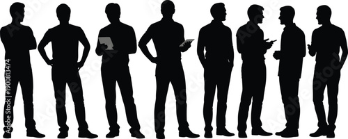 Silhouette illustration of eight casually dressed men in varied poses with phones, tablets, and gestures for communication, interaction, or professional vector themes.