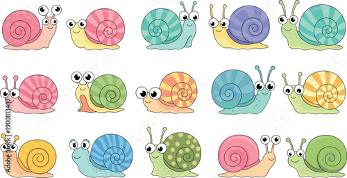 Set of cute colorful snail characters with various shell patterns