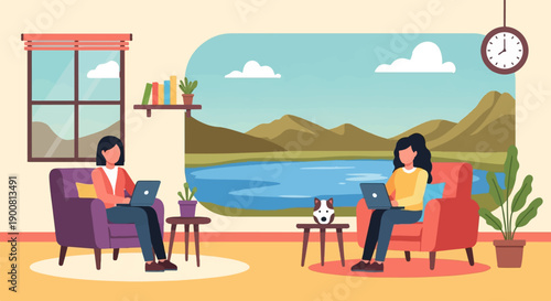 Two women in cozy armchairs working on laptops with a scenic view