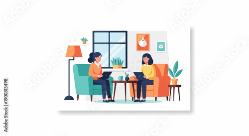 Two women in cozy living room with laptops and plants