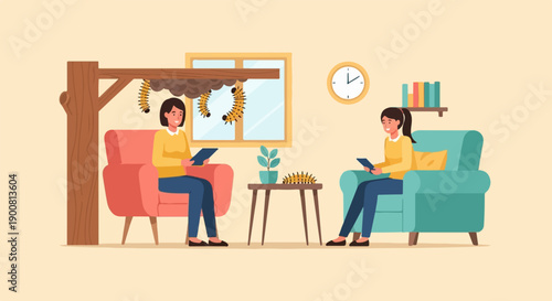 Two women in living room observe caterpillars growing