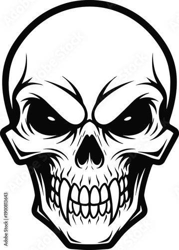 Stylized vampire skull illustration with exaggerated features, sharp fangs, and bold black-and-white design for gothic, horror, or tattoo-themed vector artwork.