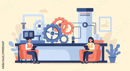 Two women in armchairs interacting with a complex machine and tablets