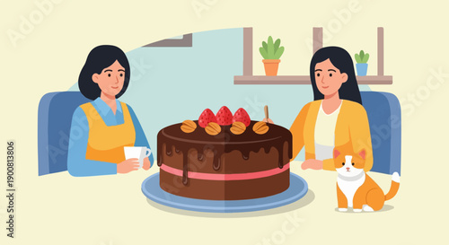 Two women, a cat, and a chocolate cake at a table