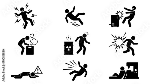 Invisible Industrial Hazard Stickman Pictogram Set � Electrical Shock, Chemical Exposure And Sudden Mortality Risk Icons On White Background