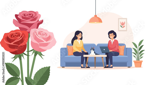 Two women and a cat relax in a living room with roses nearby