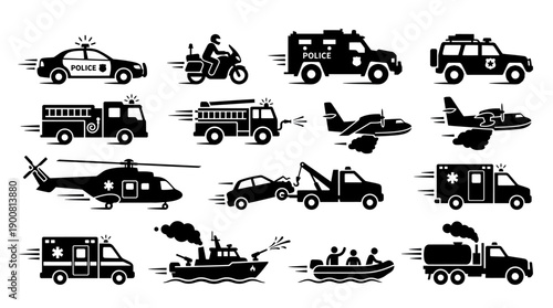 Emergency Response Vehicle Icon Set � Police, Fire, Ambulance And Rescue Transport Symbols For Life-Saving Operations On White Background