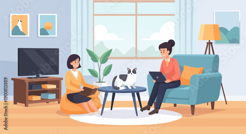 Two women and a cat relax indoors, one reading, the other on a laptop