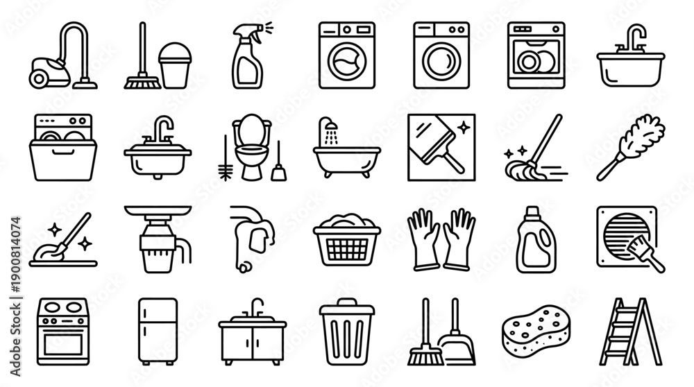 Fototapeta premium Outline House Cleaning Line Icons � Home Maintenance and Cleaning Service UI