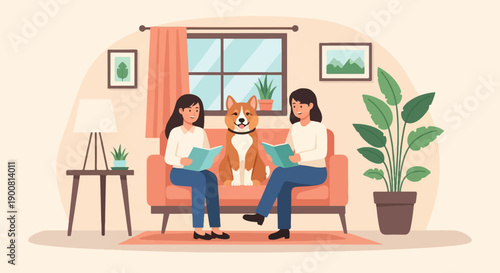 Two women and a dog reading books on a couch in a cozy room