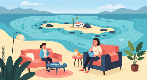 Two women and a dog relax by the ocean in a pixelated seaside scene
