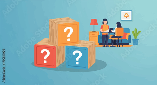 Wooden blocks with question marks in a room with two people at a table