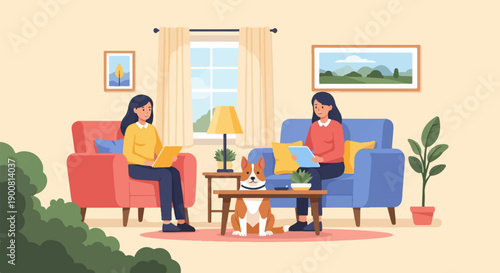 Two women and a dog relax in a cozy living room with plants