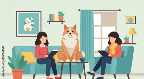 Two women and a dog relax in a cozy living room with art and plants