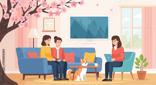 Two women and a dog relax in a cozy living room during spring