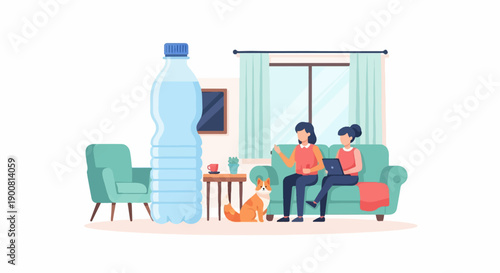 Two women and a dog relax in a living room near a large bottle of water