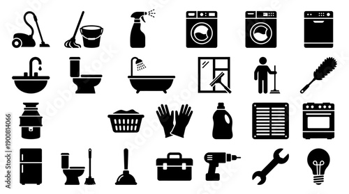 Solid Filled House Cleaning Icons � Home Maintenance and Residential Services