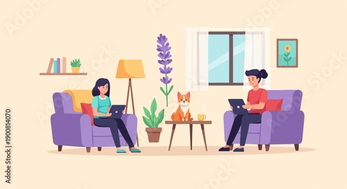 Two women and a dog relax indoors, using laptops and enjoying a cozy room