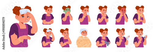 Ill little girl set. Kid feels bad with symptoms of flu and influenza. Child coughs, sneezes and vomits, has rash, runny nose, fever and cold. Flat isolated vector illustrations on white background
