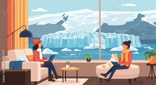 Two women and a dog relax indoors with a view of a vast icy landscape