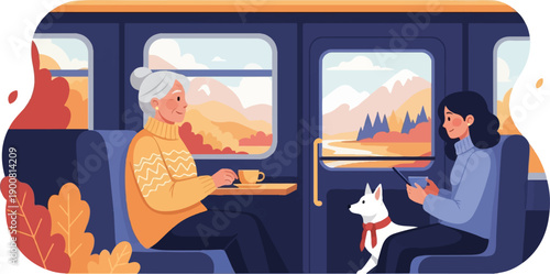 Two women and a dog travel by train enjoying scenic autumn mountain views