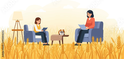 Two women and a guinea pig relax in a field of wheat