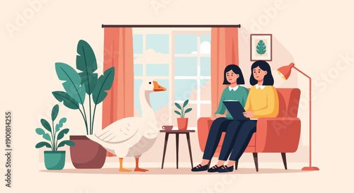 Two women and a goose sitting in a living room