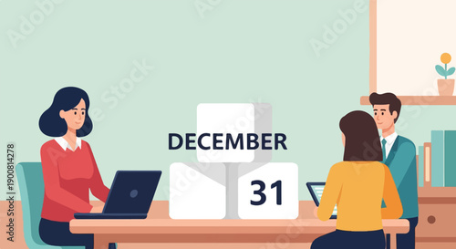 Two women and a man work together in an office setting on December 31st