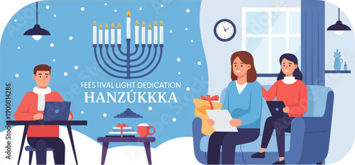 Two women and a man indoors celebrate a festival with candles and gifts