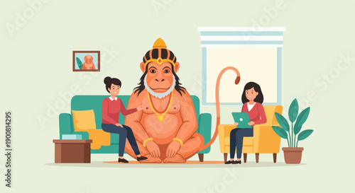 Two women and a mythical monkey in a modern living room