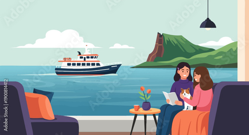 Two women and dog relax indoors with view of boat and island