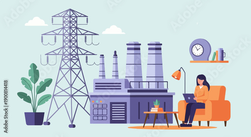 Woman working on laptop in cozy room with industrial background