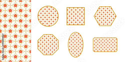 ゴールドの七宝文様と梅の花モチーフを配した多形状和風フレームセット、円形・六角形・八角形・楕円・角丸長方形の装飾素材、和モダンベクターイラスト