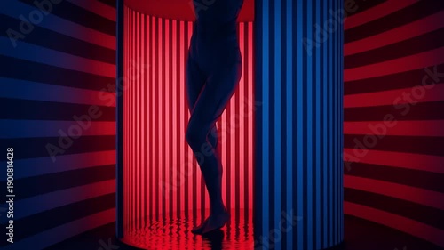 Silhouette of robot legs in neon cybernetic light cylinder animation loop