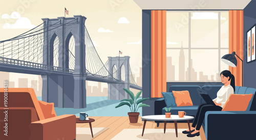 Woman working on laptop in living room with Brooklyn Bridge view