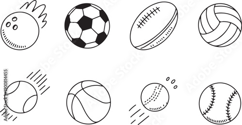 Sports balls line icons set soccer basketball tennis baseball football