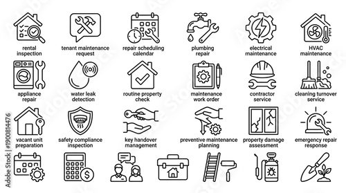 Outline Rental Property Maintenance Line Icons � Landlord and Property Management UI