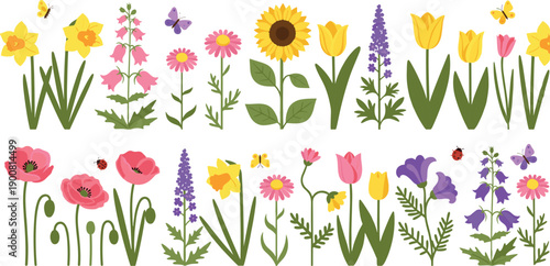 Spring wildflowers collection with colorful sunflowers tulips poppies lavender butterflies and ladybugs flat vector illustration isolated on white background cad drawing